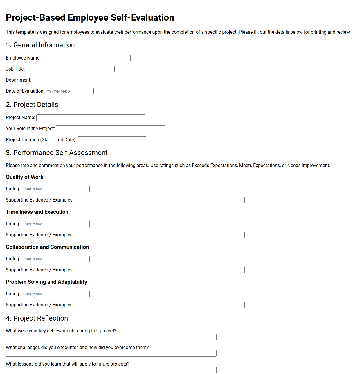 Project Based Employee Self Evaluation Template