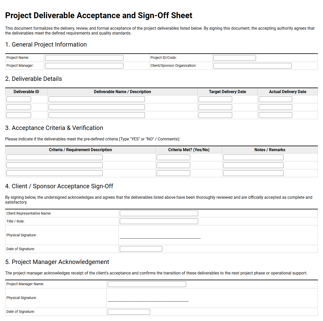Project Deliverable Acceptance and Sign-Off Sheet