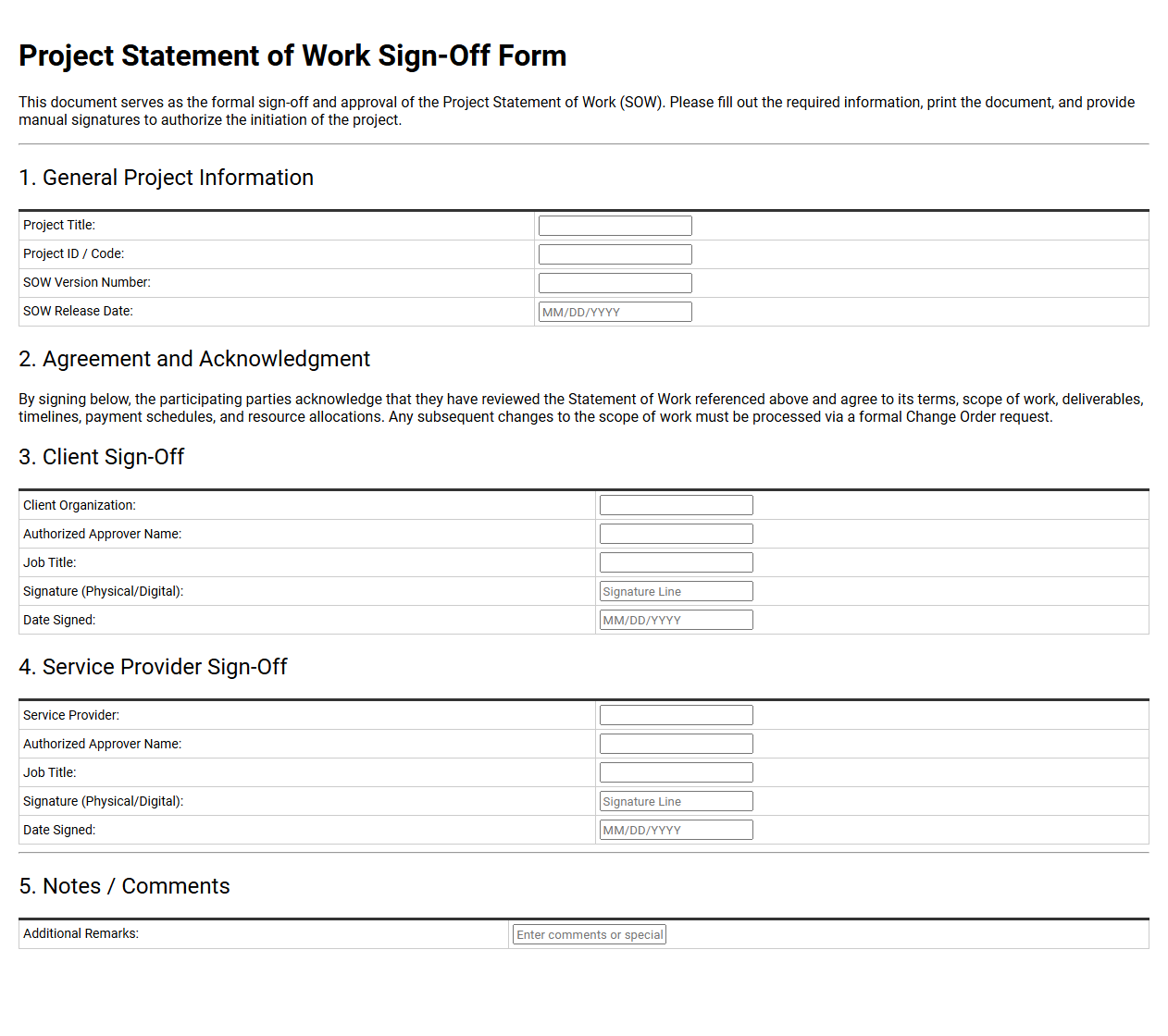 Project Statement of Work Sign-Off Form