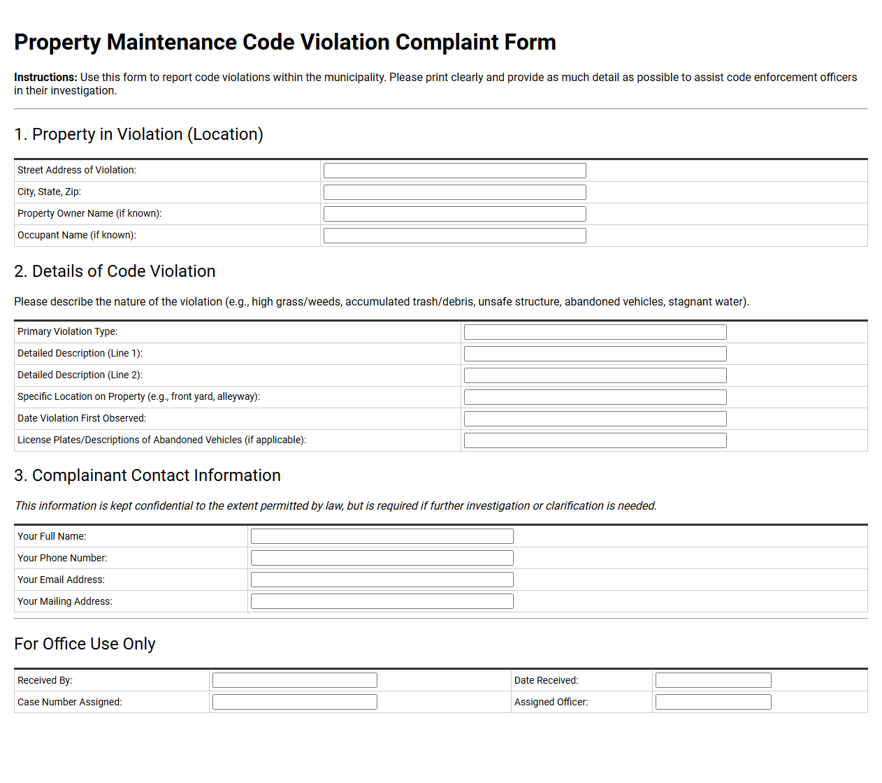 Property Maintenance Code Violation Complaint Form