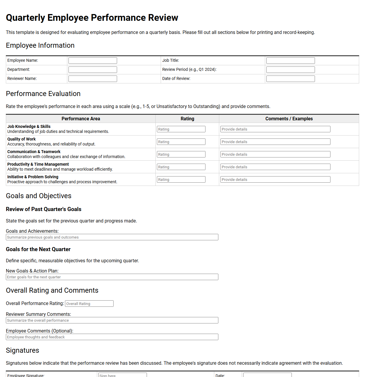 Quarterly Employee Performance Review Template