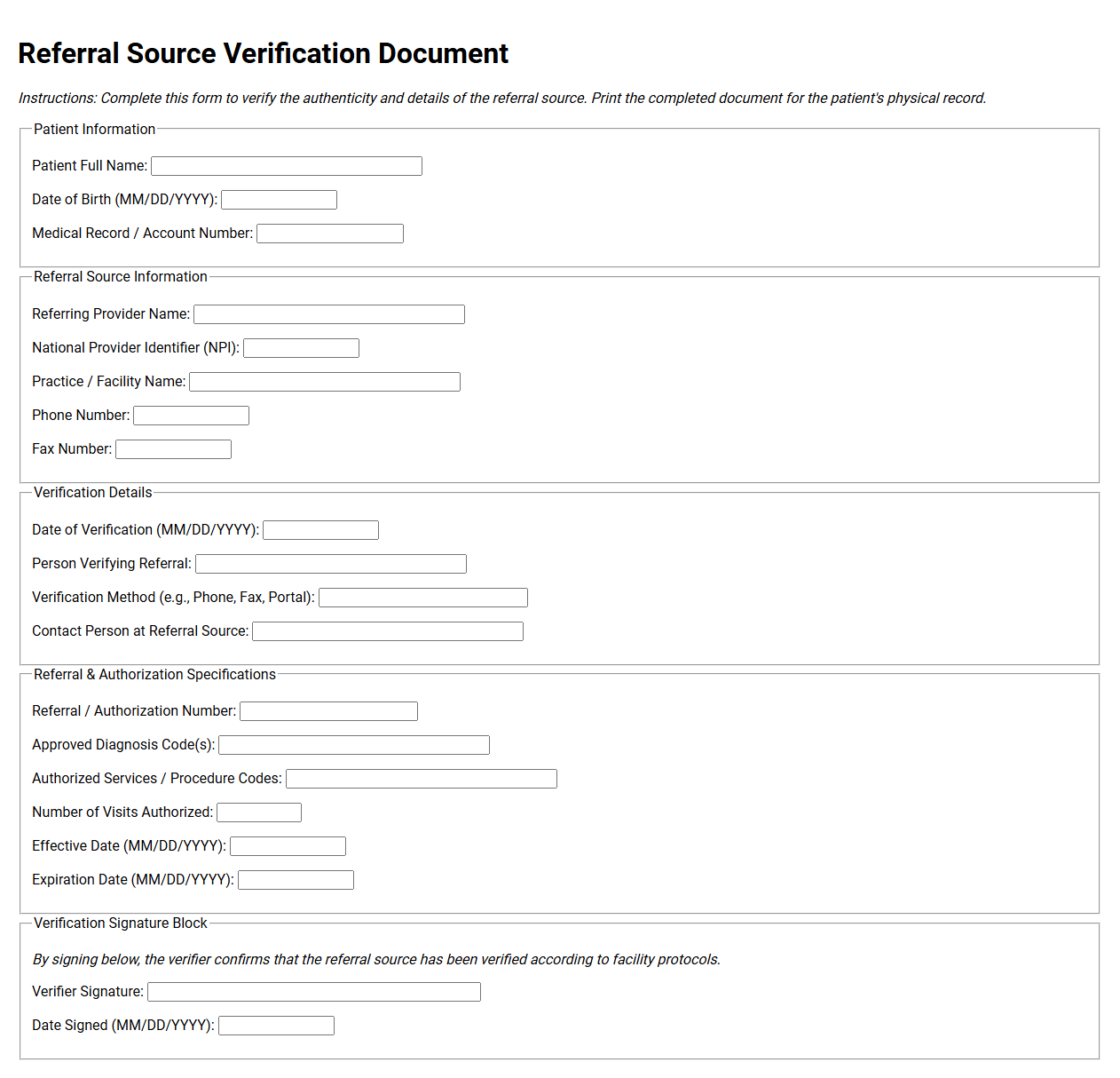 Referral Source Verification Document