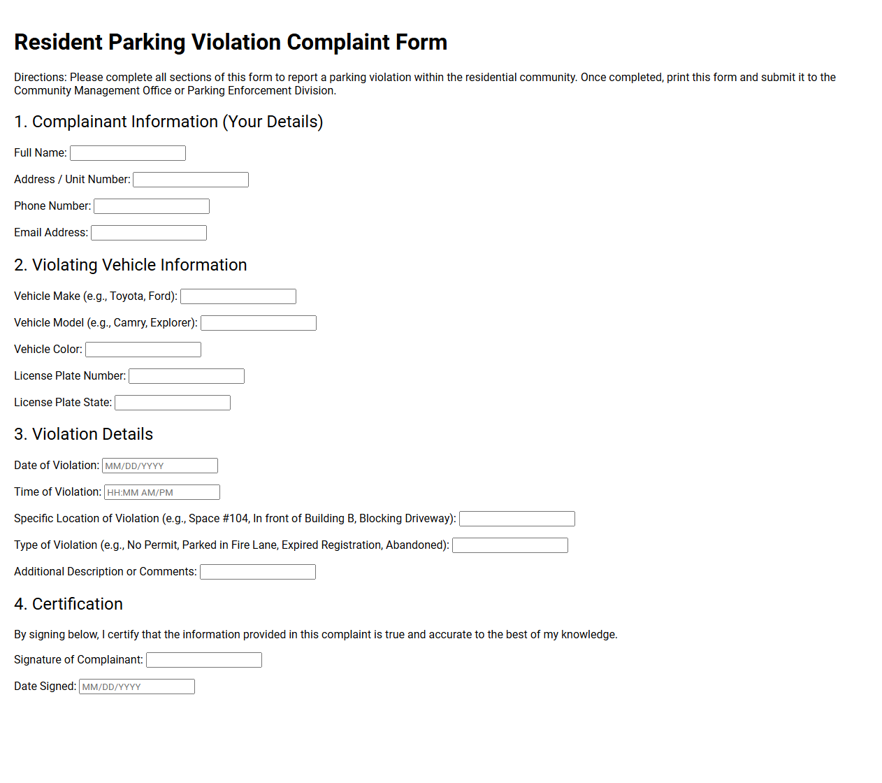 Resident Parking Violation Complaint Form Template