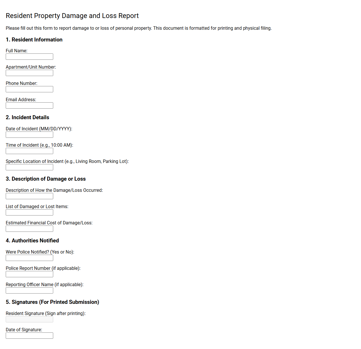 Resident Property Damage and Loss Report