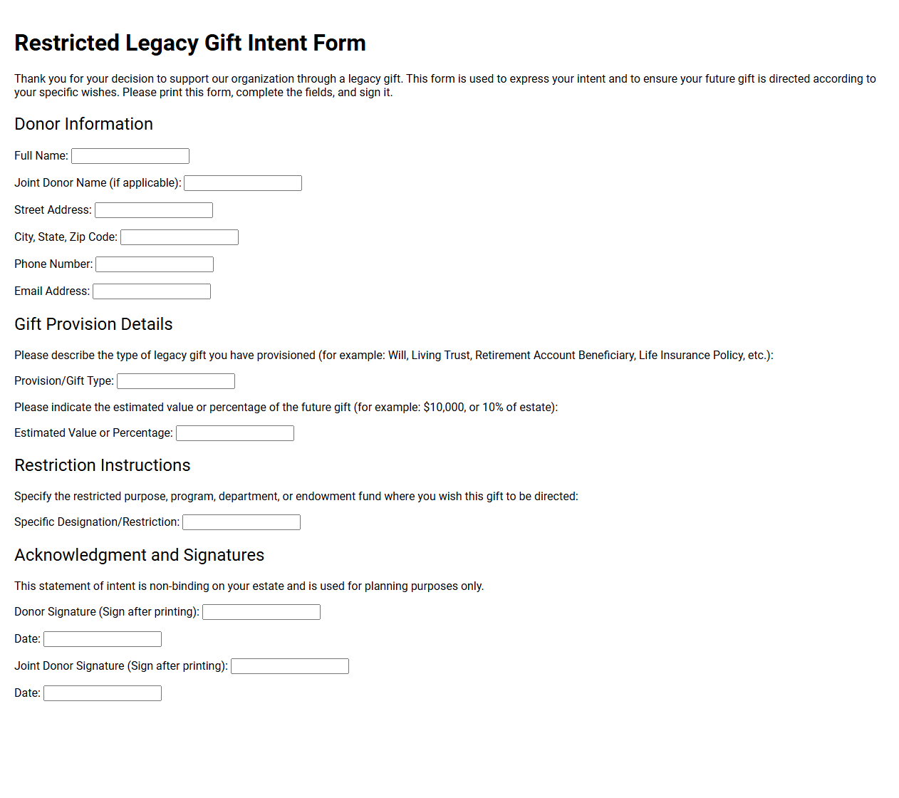 Restricted Legacy Gift Intent Form