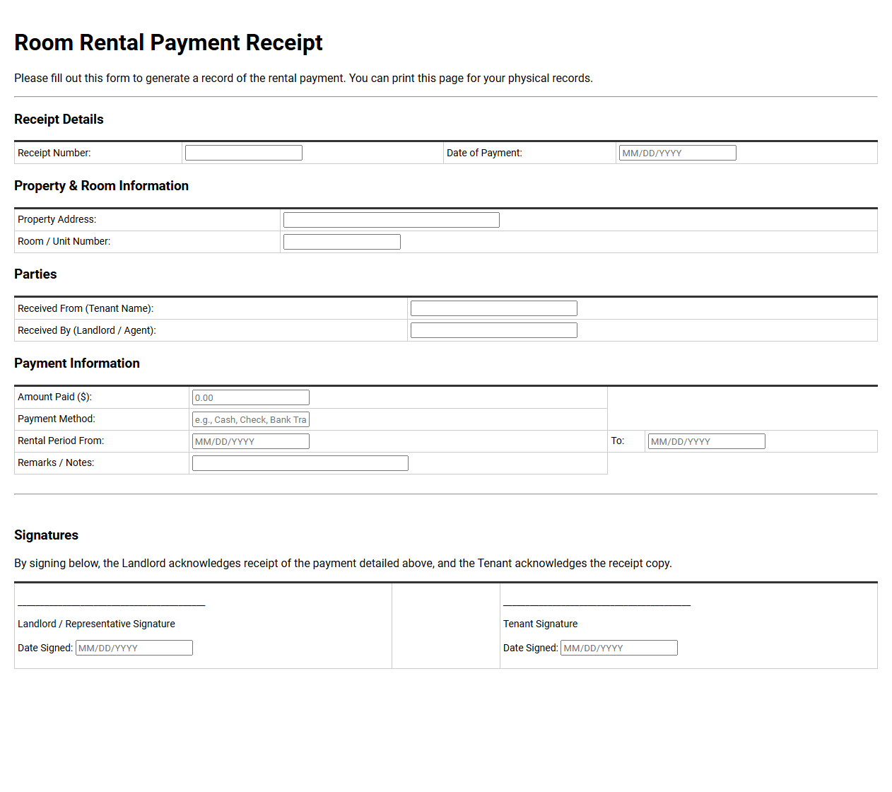 Room Rental Payment Receipt Form