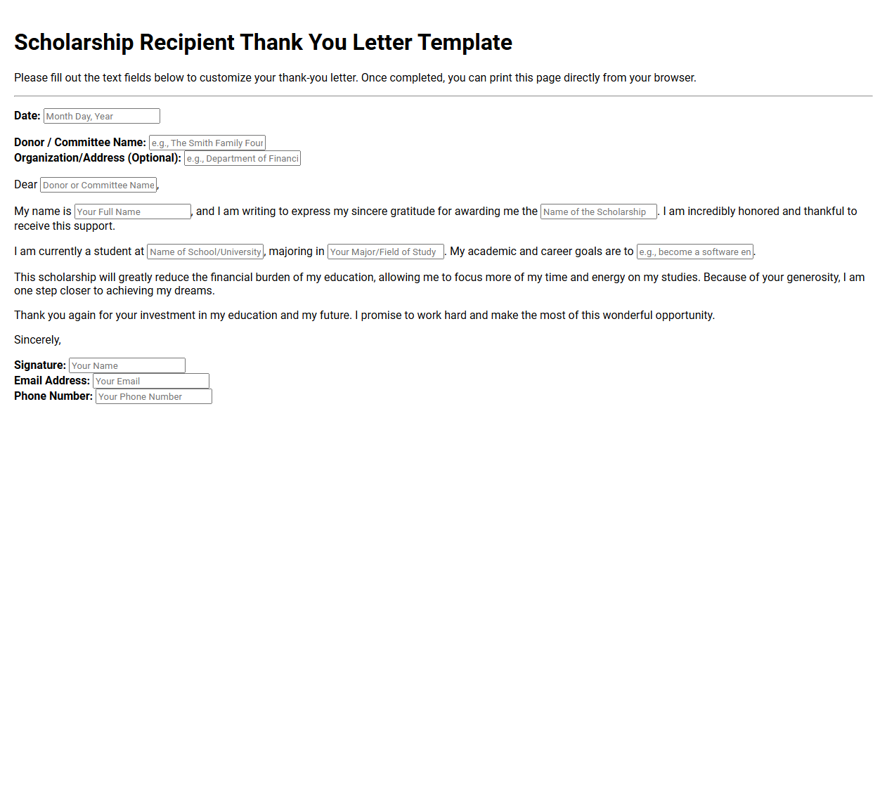 Scholarship Recipient Thank You Letter Template