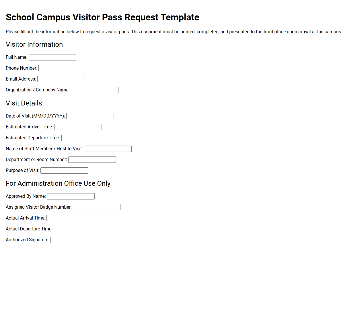 School Campus Visitor Pass Request Template