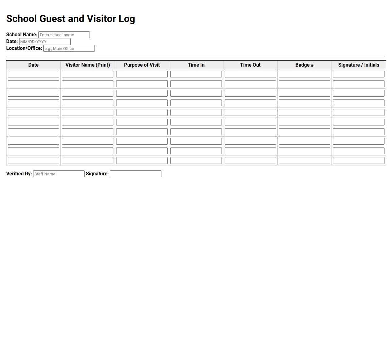 School Guest and Visitor Log Template