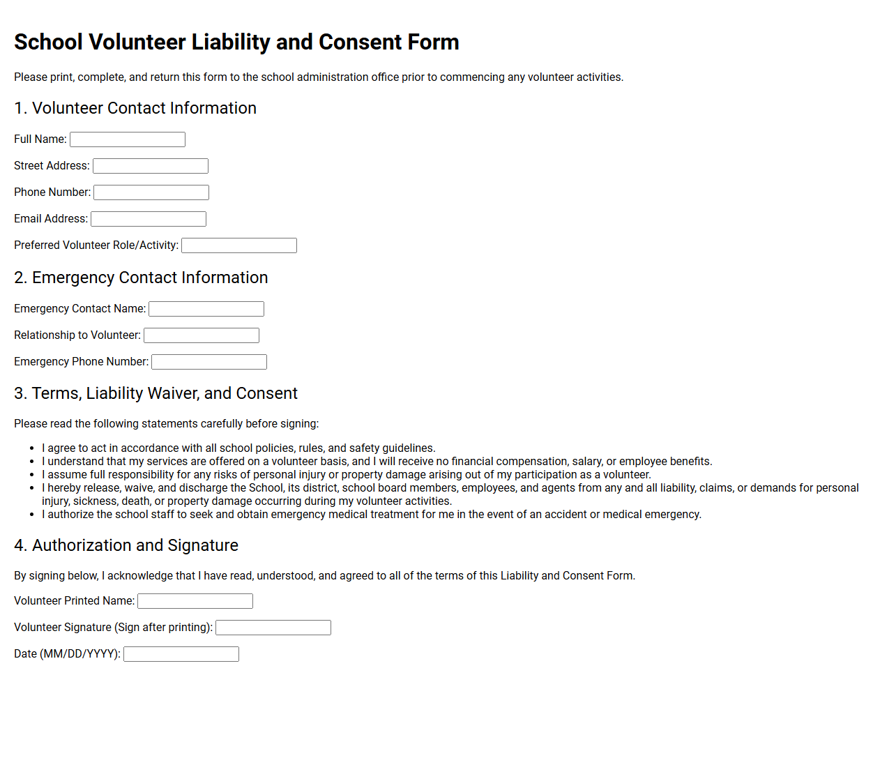 School Volunteer Liability and Consent Form