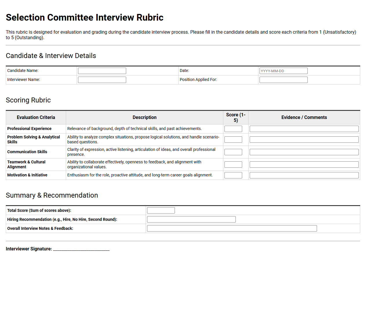 Selection Committee Interview Rubric