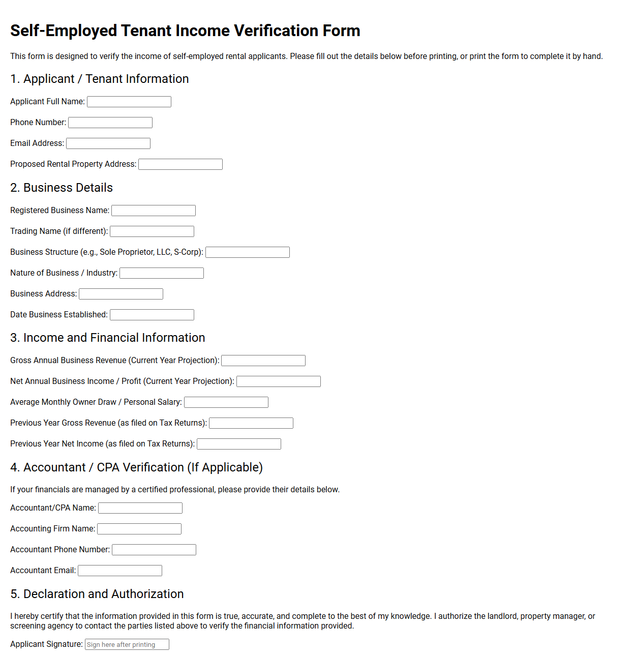 Self Employed Tenant Income Verification Form