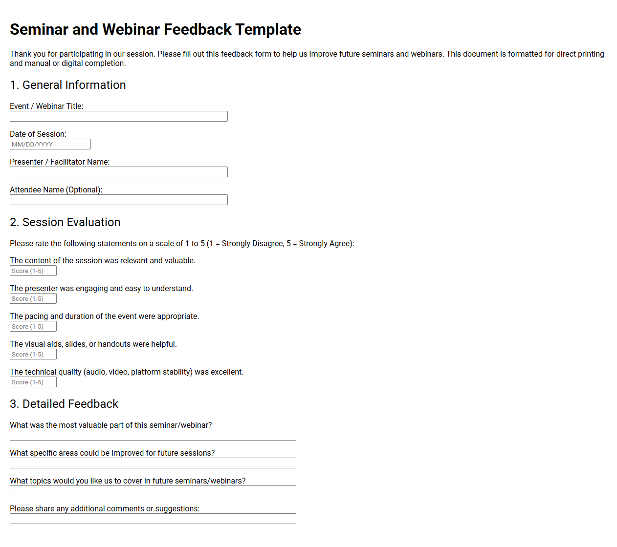 Seminar and Webinar Feedback Template