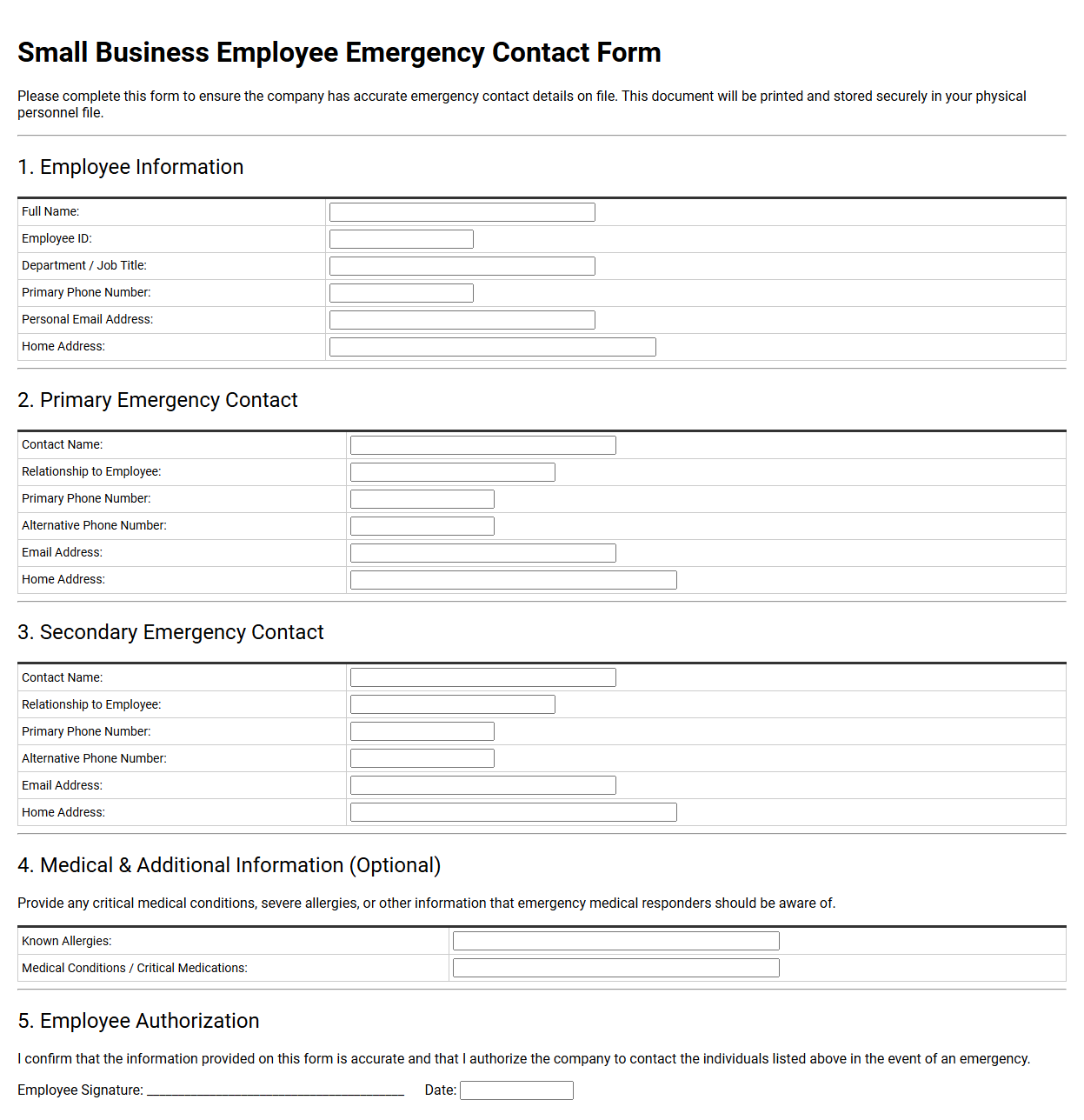Small Business Employee Emergency Contact Form