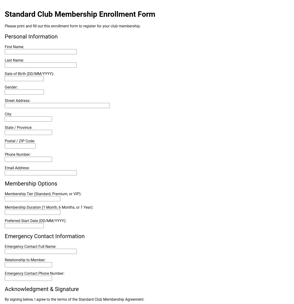 Standard Club Membership Enrollment Form