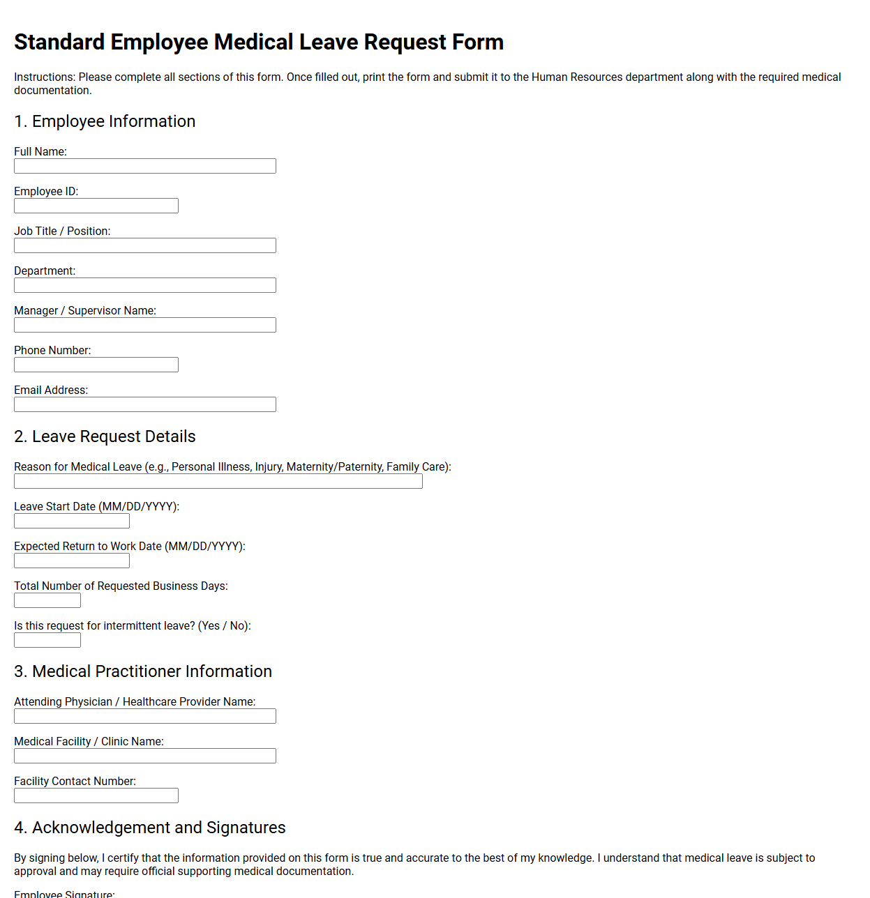 Standard Employee Medical Leave Request Form