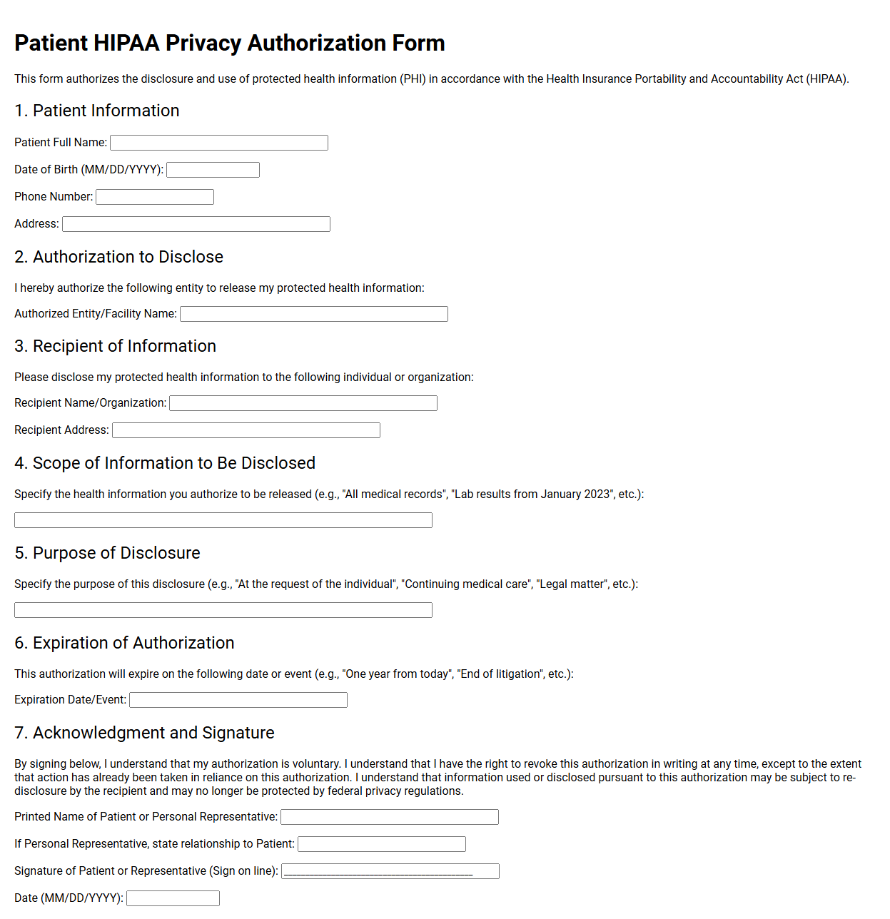 Standard Patient HIPAA Privacy Authorization Form