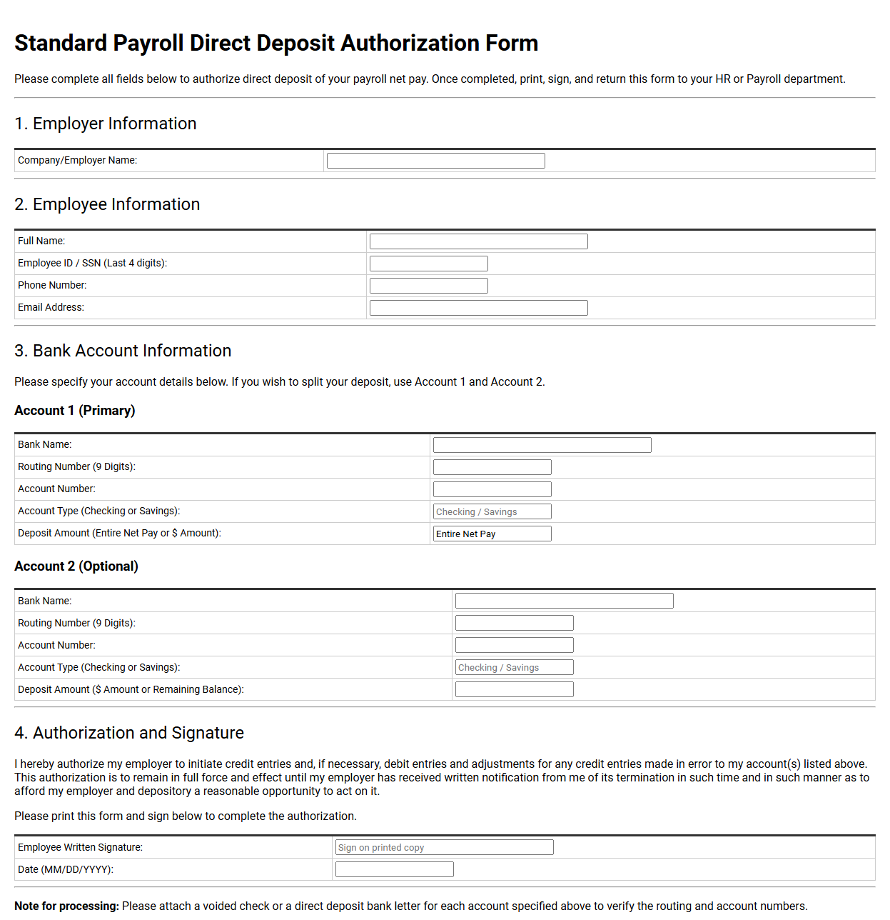 Standard Payroll Direct Deposit Authorization Form