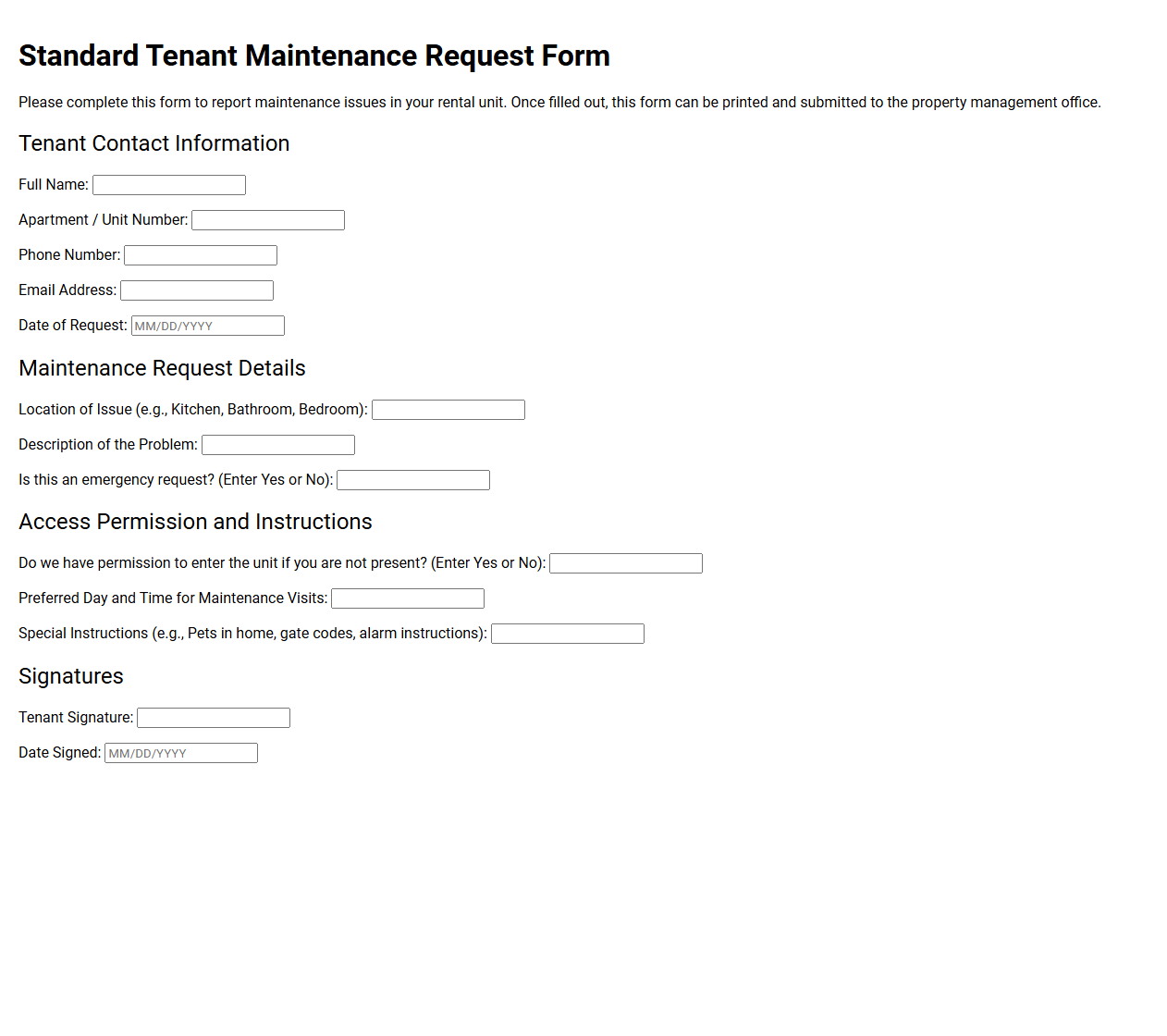Standard Tenant Maintenance Request Form