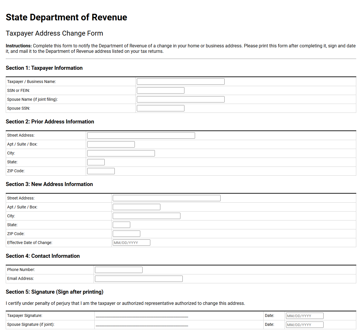 State Department of Revenue Taxpayer Address Change Form
