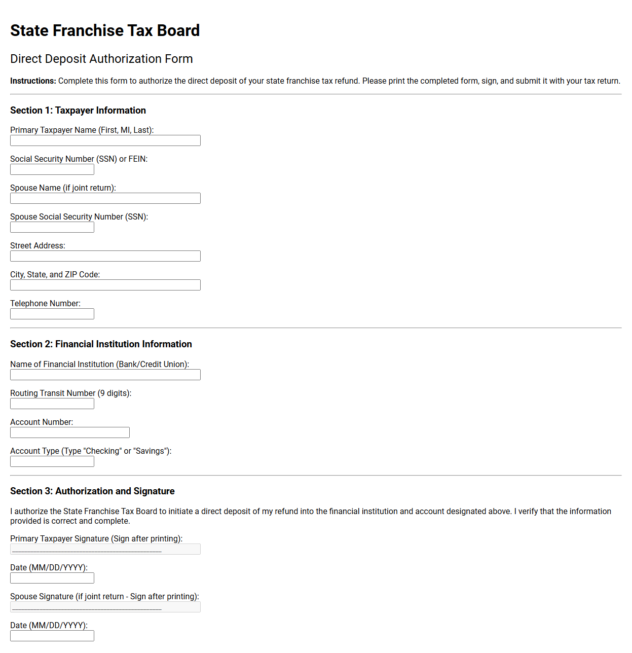 State Franchise Tax Direct Deposit Authorization Form