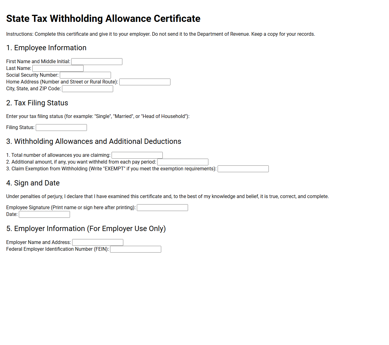 State Tax Withholding Allowance Certificate Template
