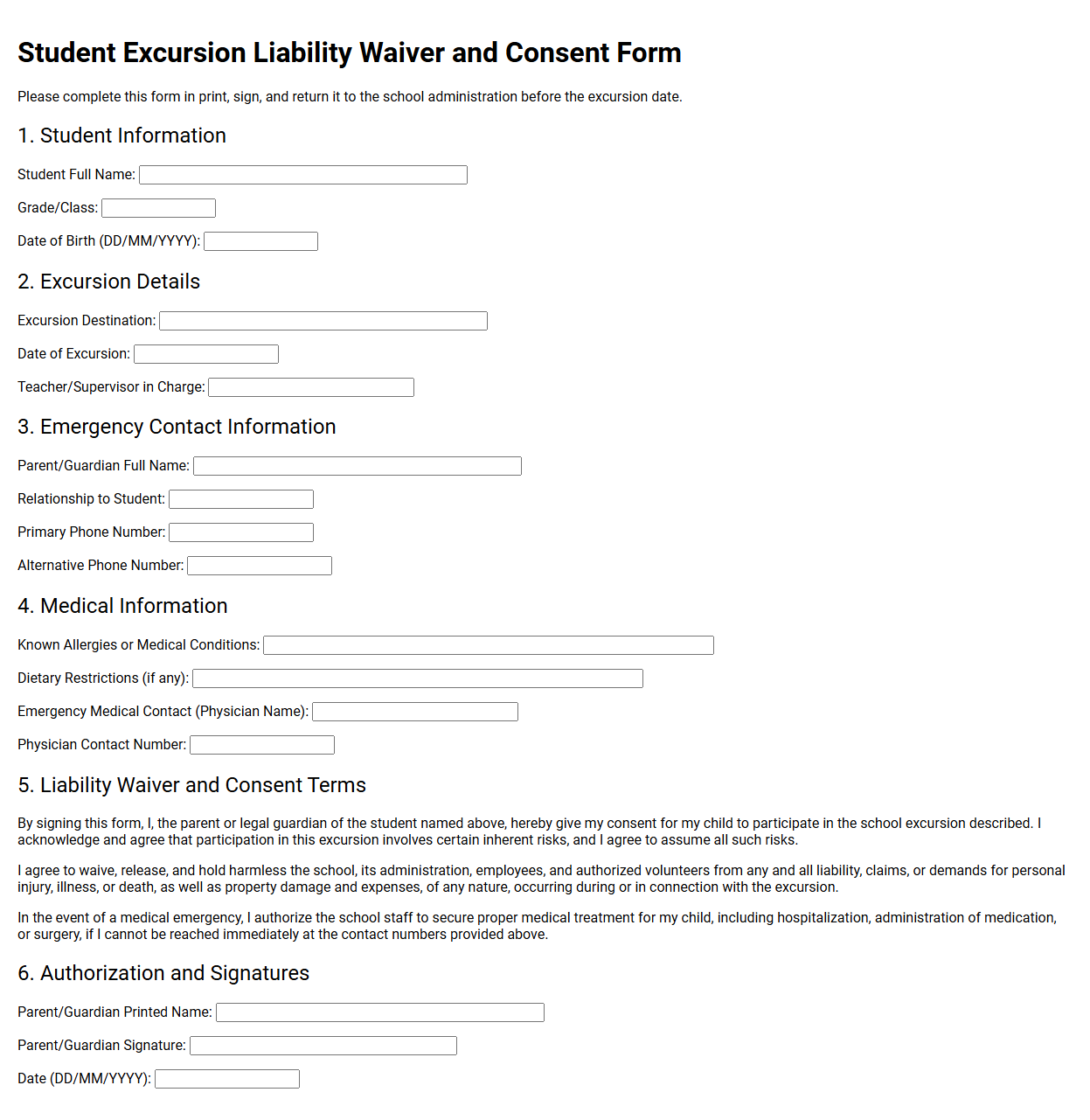 Student Excursion Liability Waiver and Consent Form