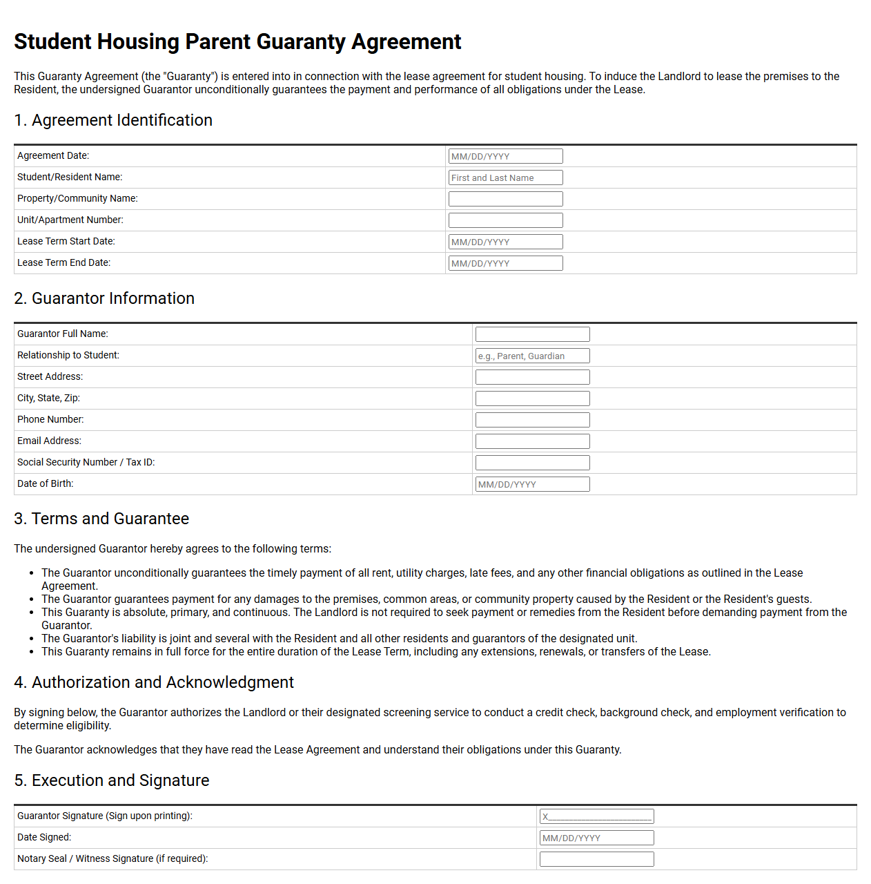 Student Housing Parent Guaranty Agreement