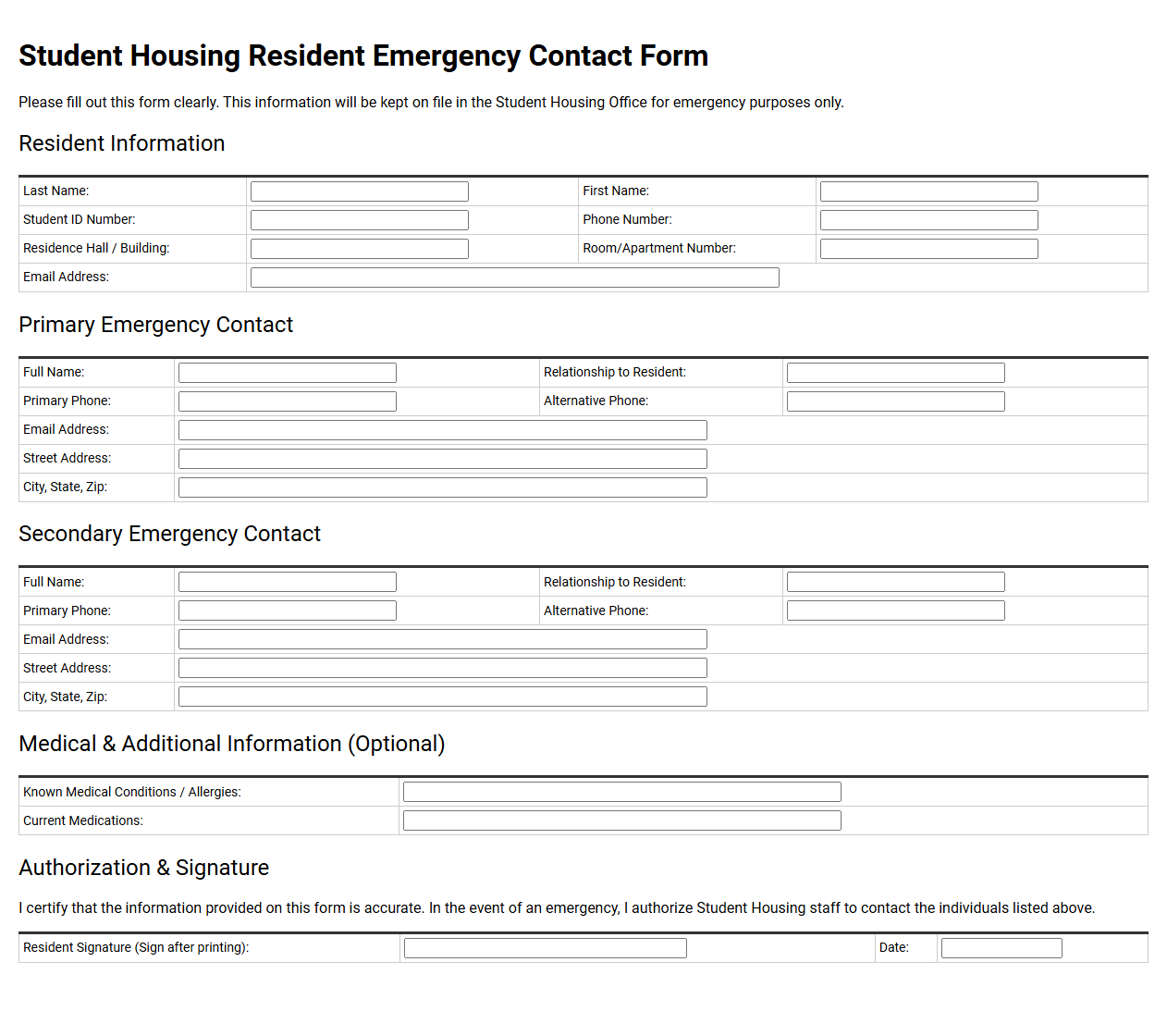 Student Housing Resident Emergency Contact Form