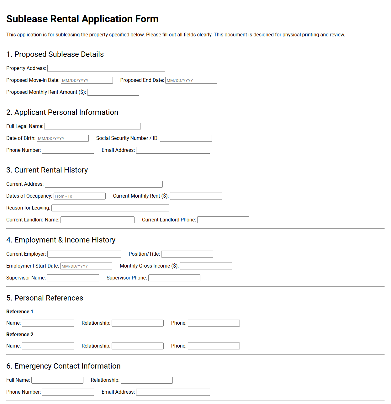 Sublease Rental Application Form