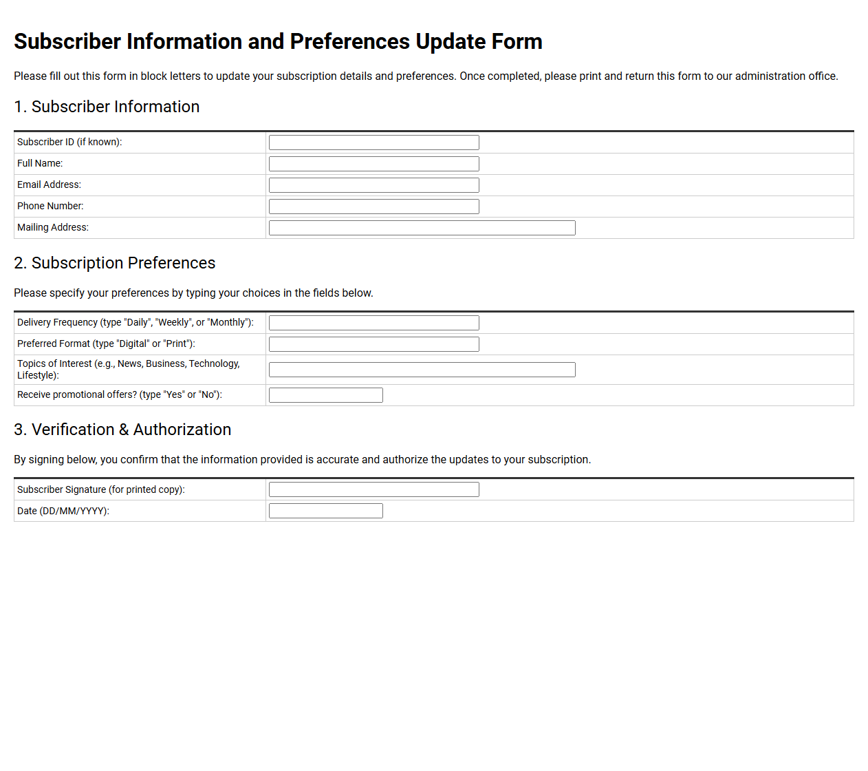 Subscriber Information and Preferences Update Form