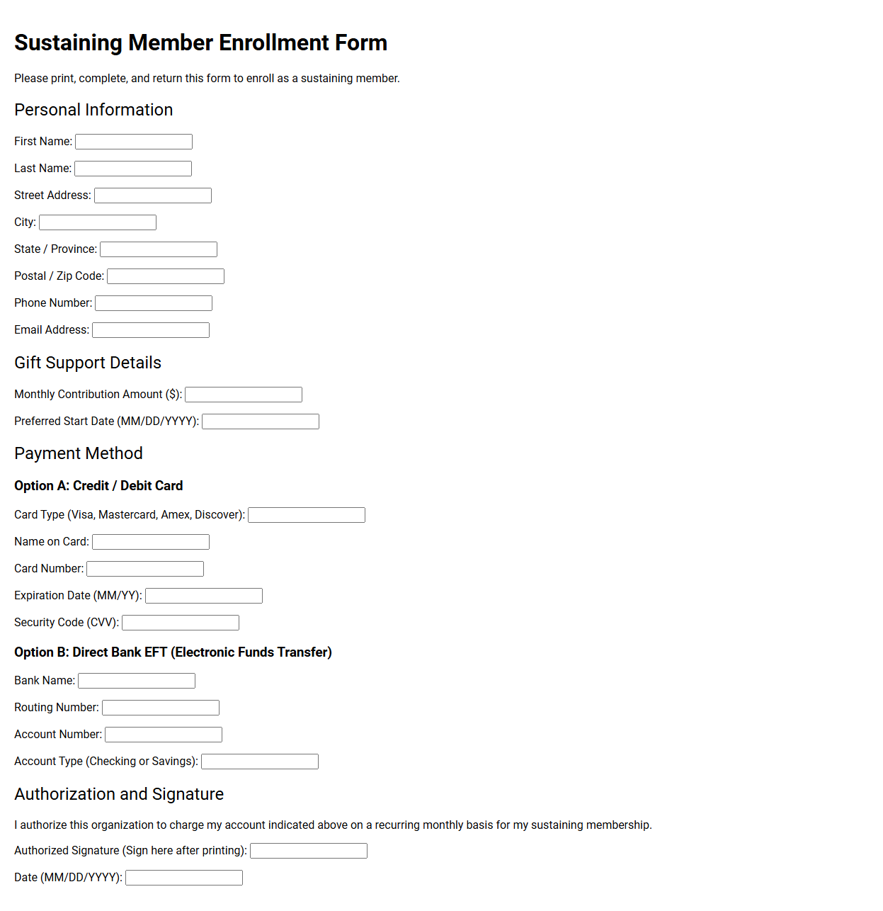 Sustaining Member Enrollment Form