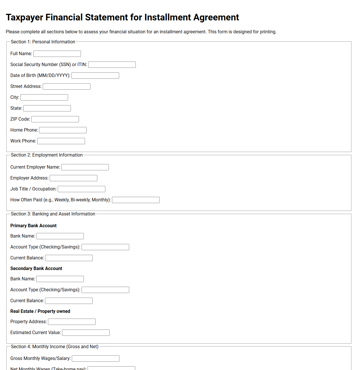 Taxpayer Financial Statement for Installment Agreement Form
