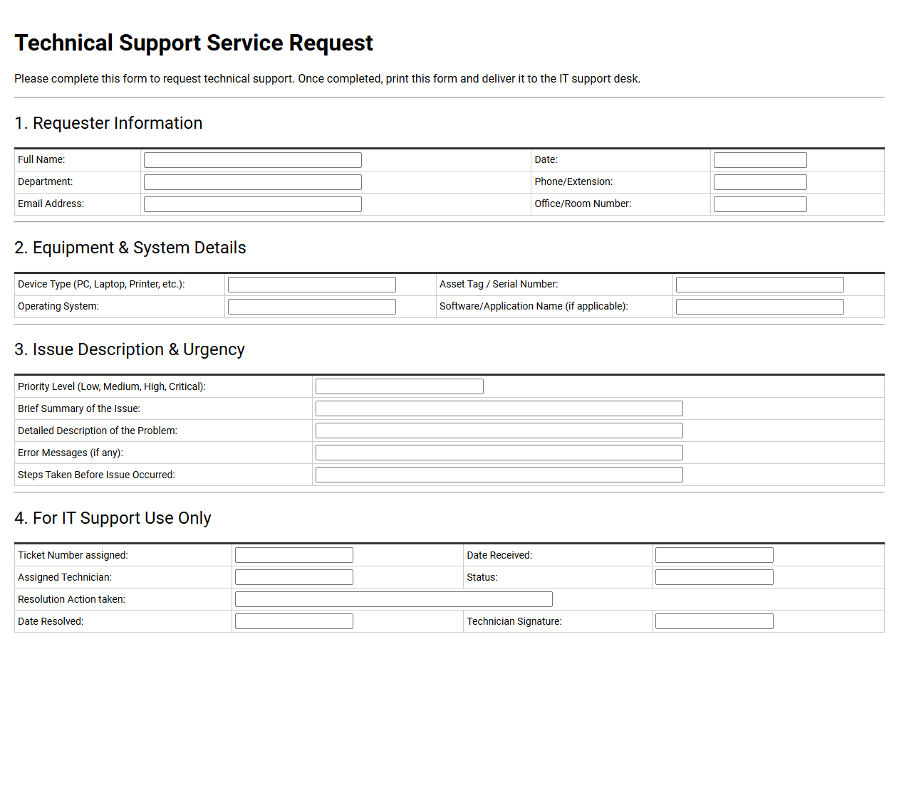Technical Support Service Request Template