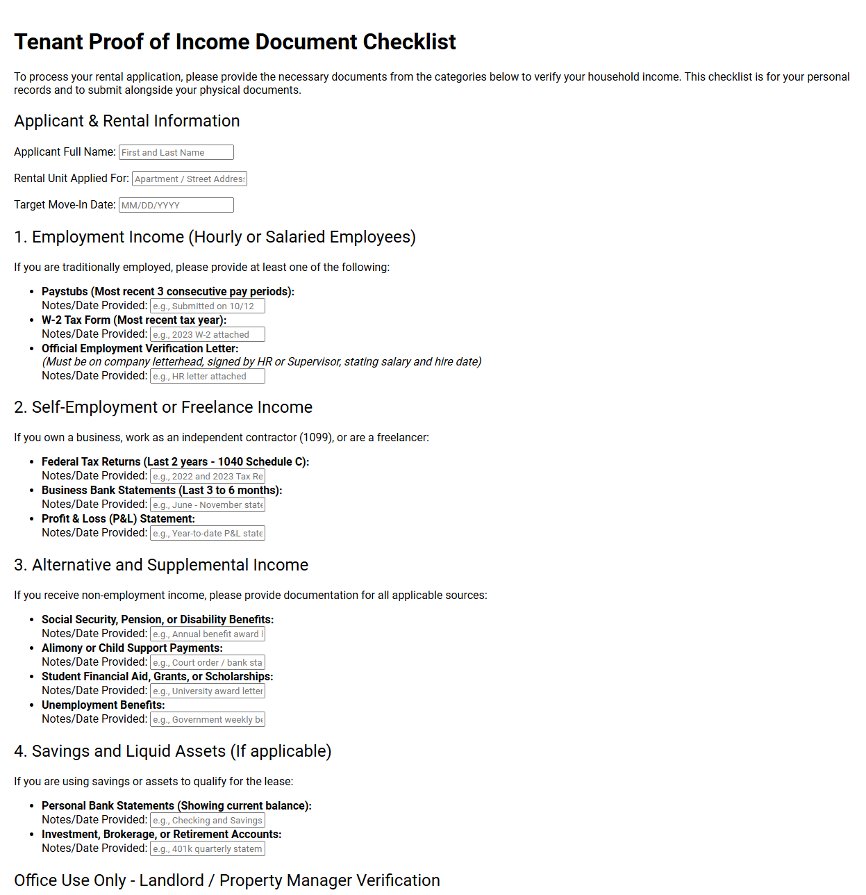 Tenant Proof of Income Document Checklist