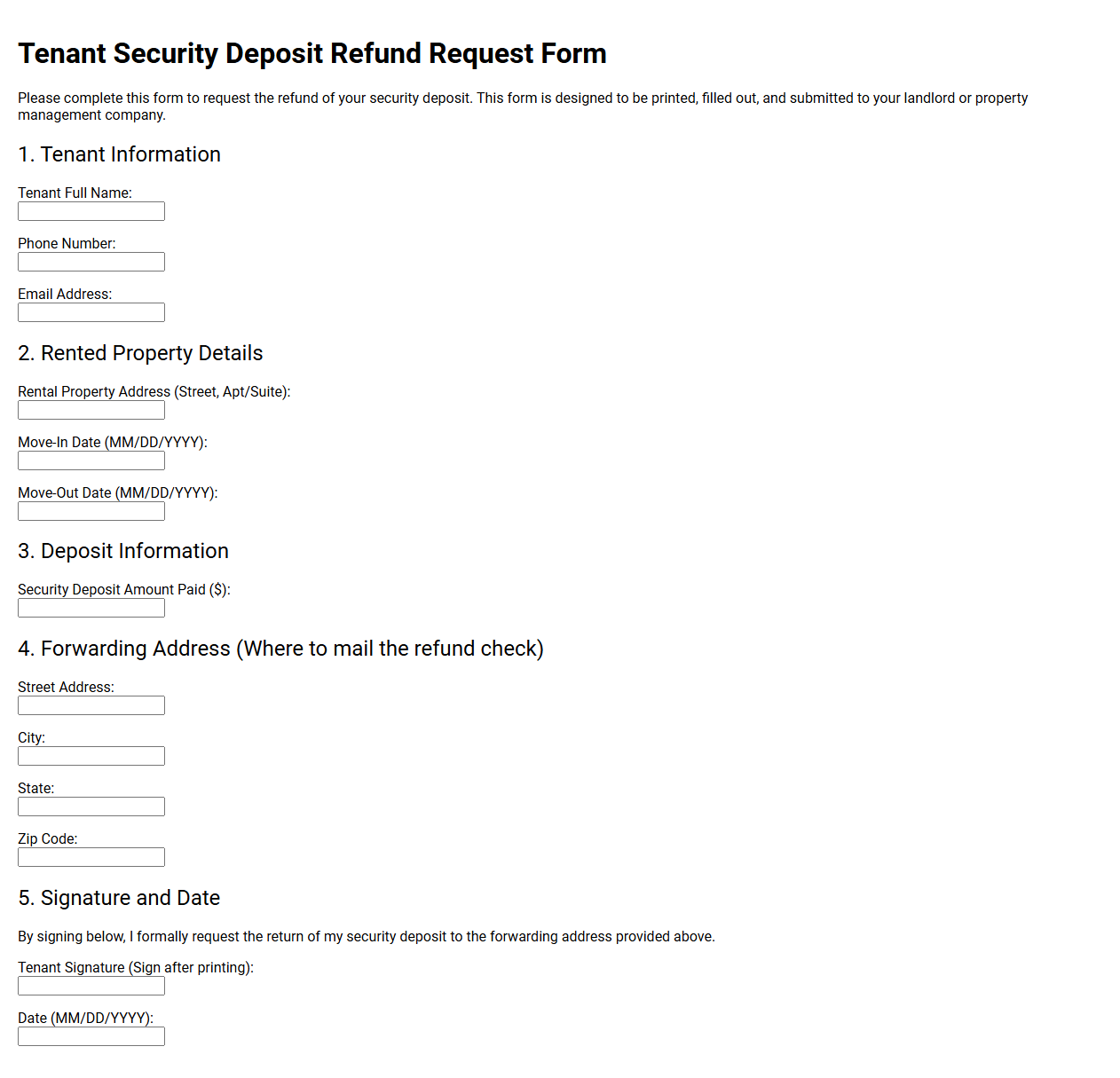 Tenant Security Deposit Refund Request Form