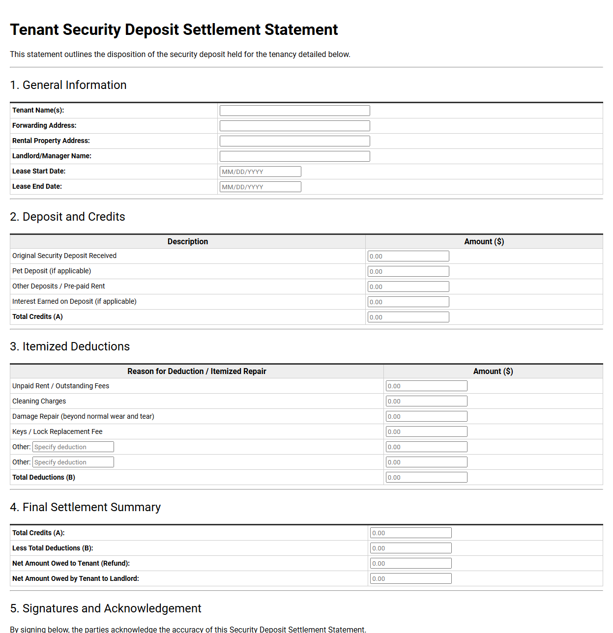 Tenant Security Deposit Settlement Statement