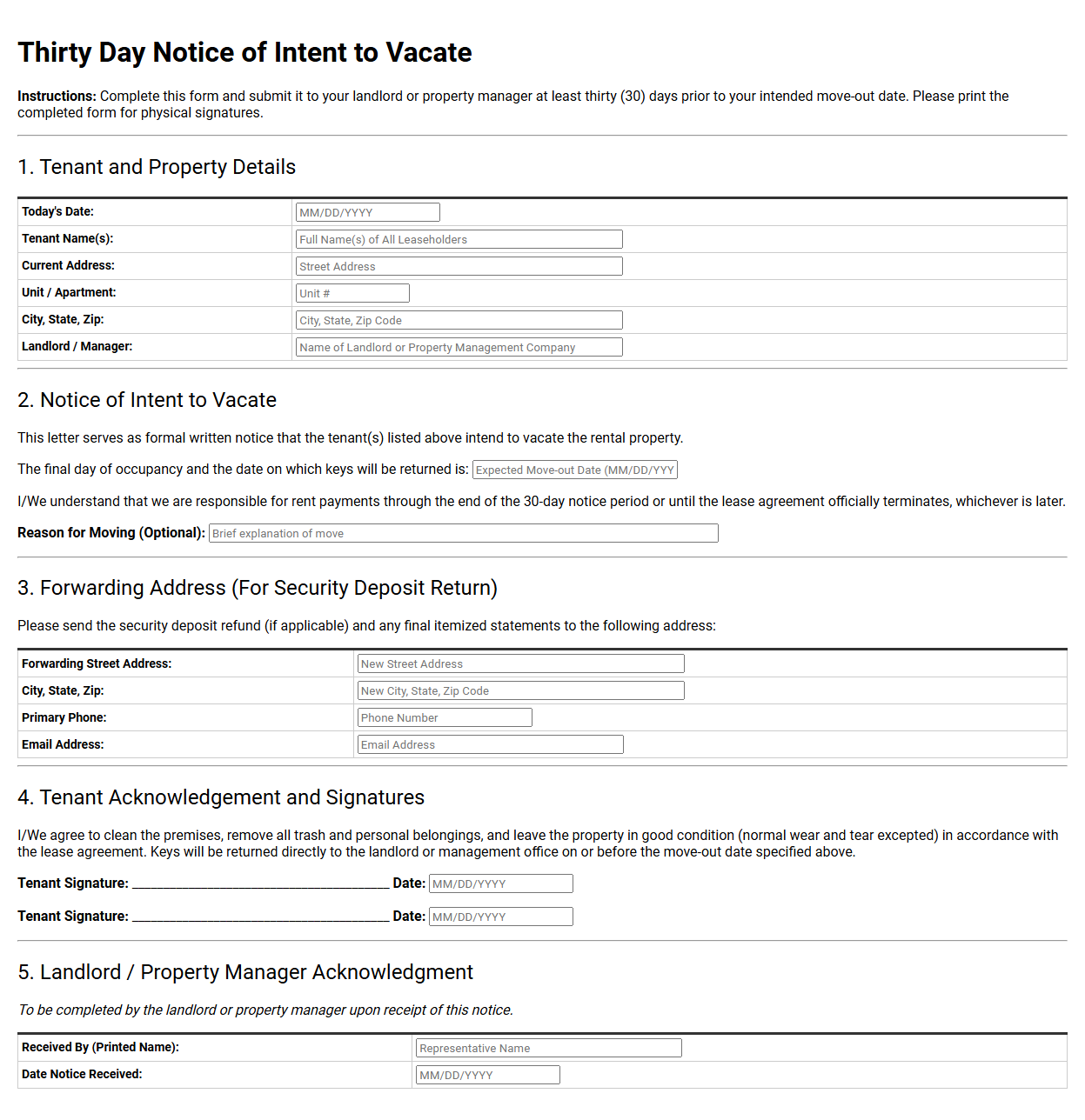 Thirty Day Notice of Intent to Vacate Form