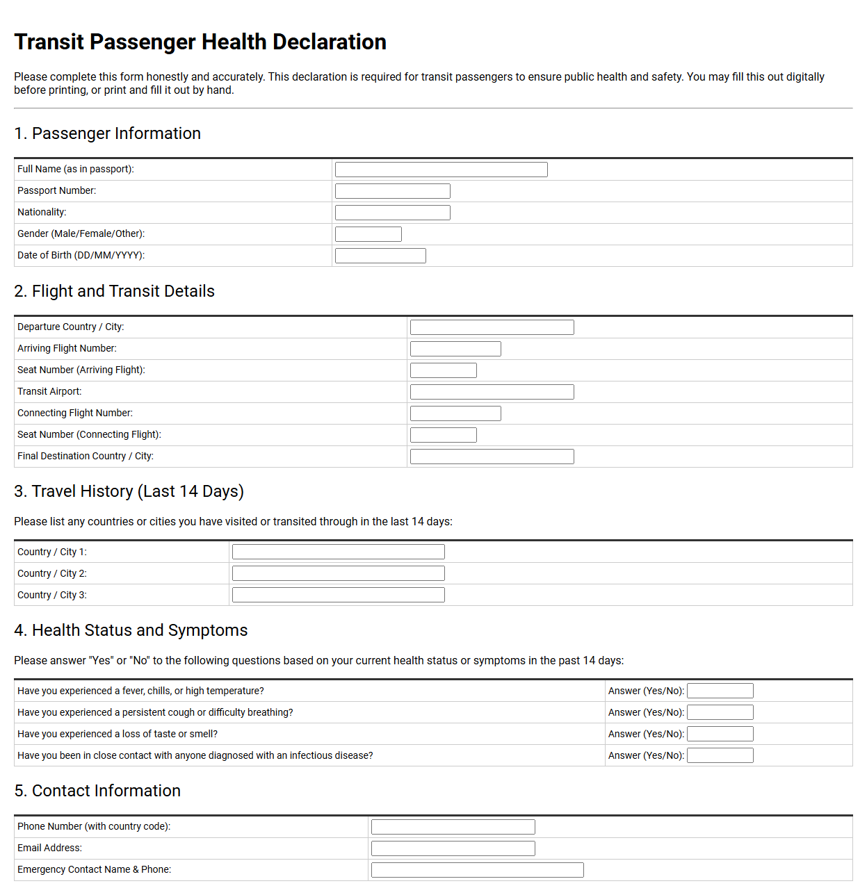Transit Passenger Health Declaration PDF