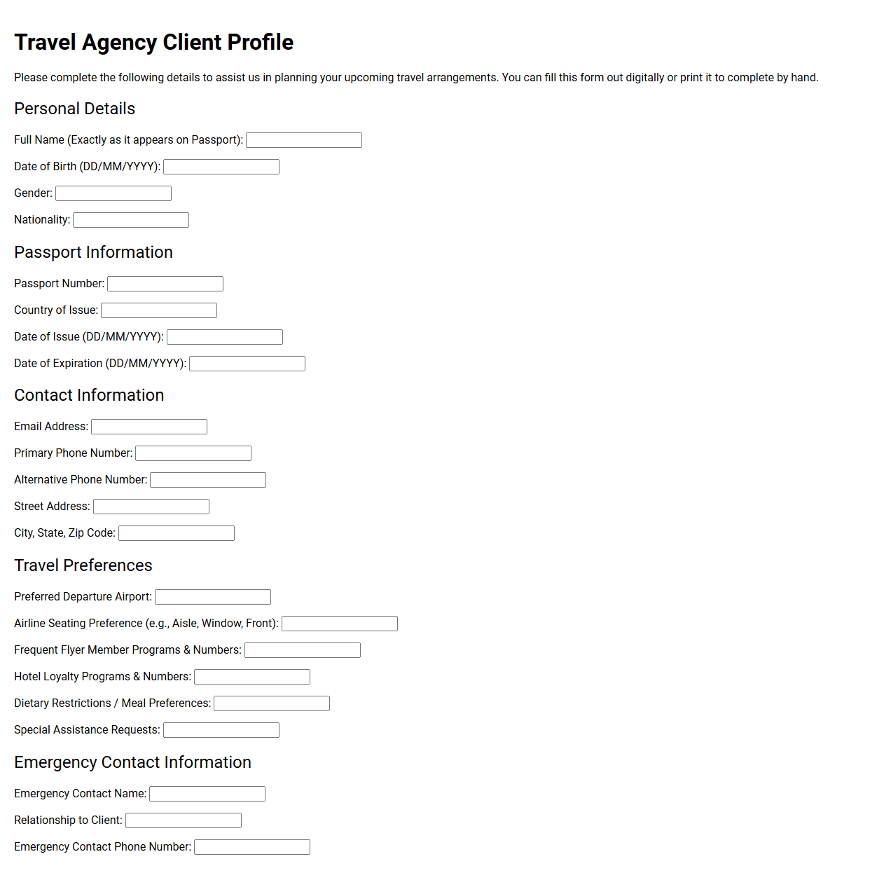 Travel Agency Client Profile Template