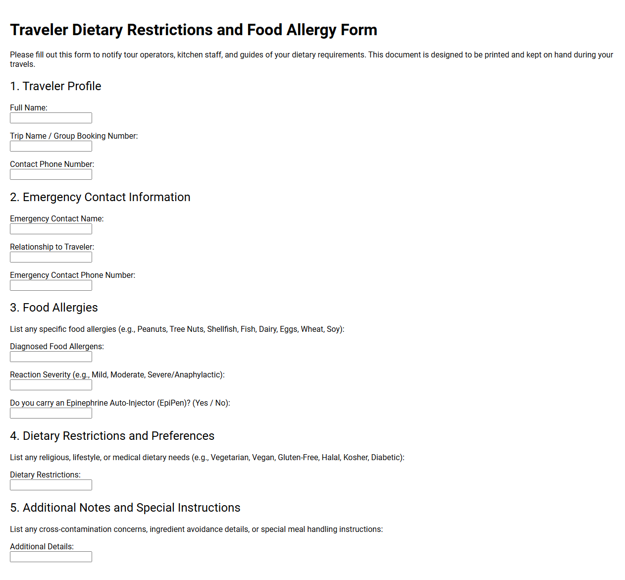 Traveler Dietary Restrictions and Food Allergy Form