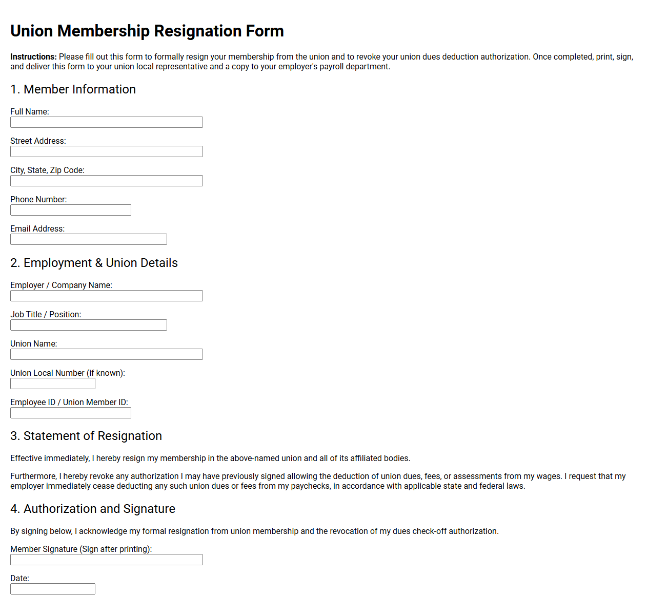 Union Membership Resignation Form Template