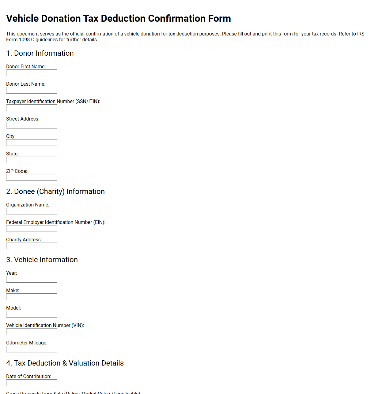 Vehicle Donation Tax Deduction Confirmation Form