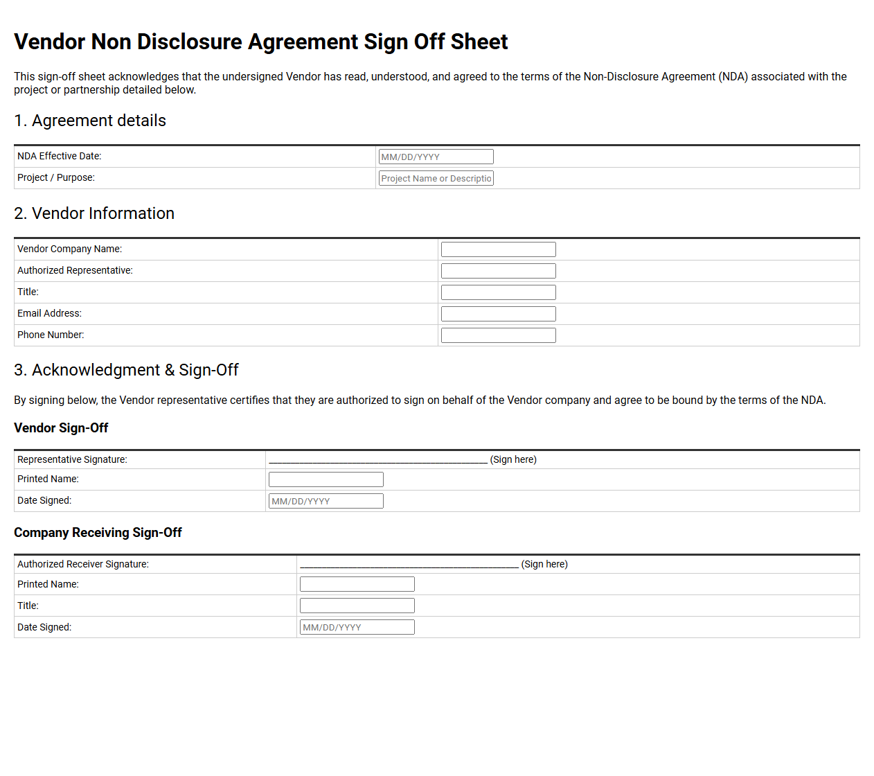 Vendor Non Disclosure Agreement Sign Off Sheet