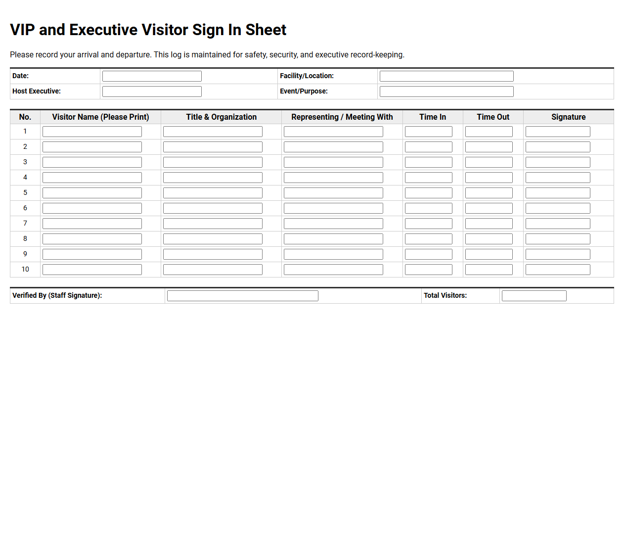 VIP and Executive Visitor Sign In Sheet