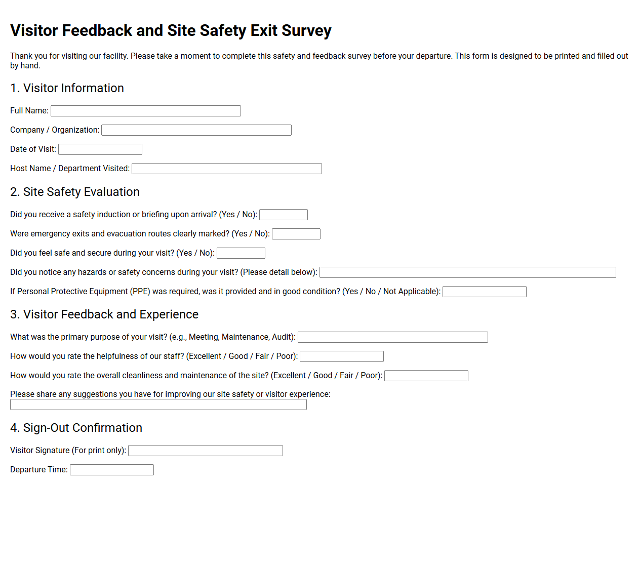 Visitor Feedback and Site Safety Exit Survey