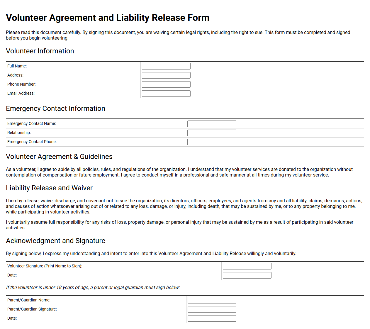 Volunteer Agreement and Liability Release Form