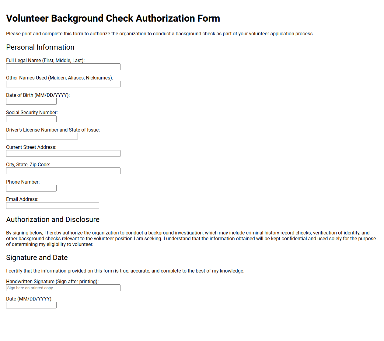 Volunteer Background Check Authorization Form
