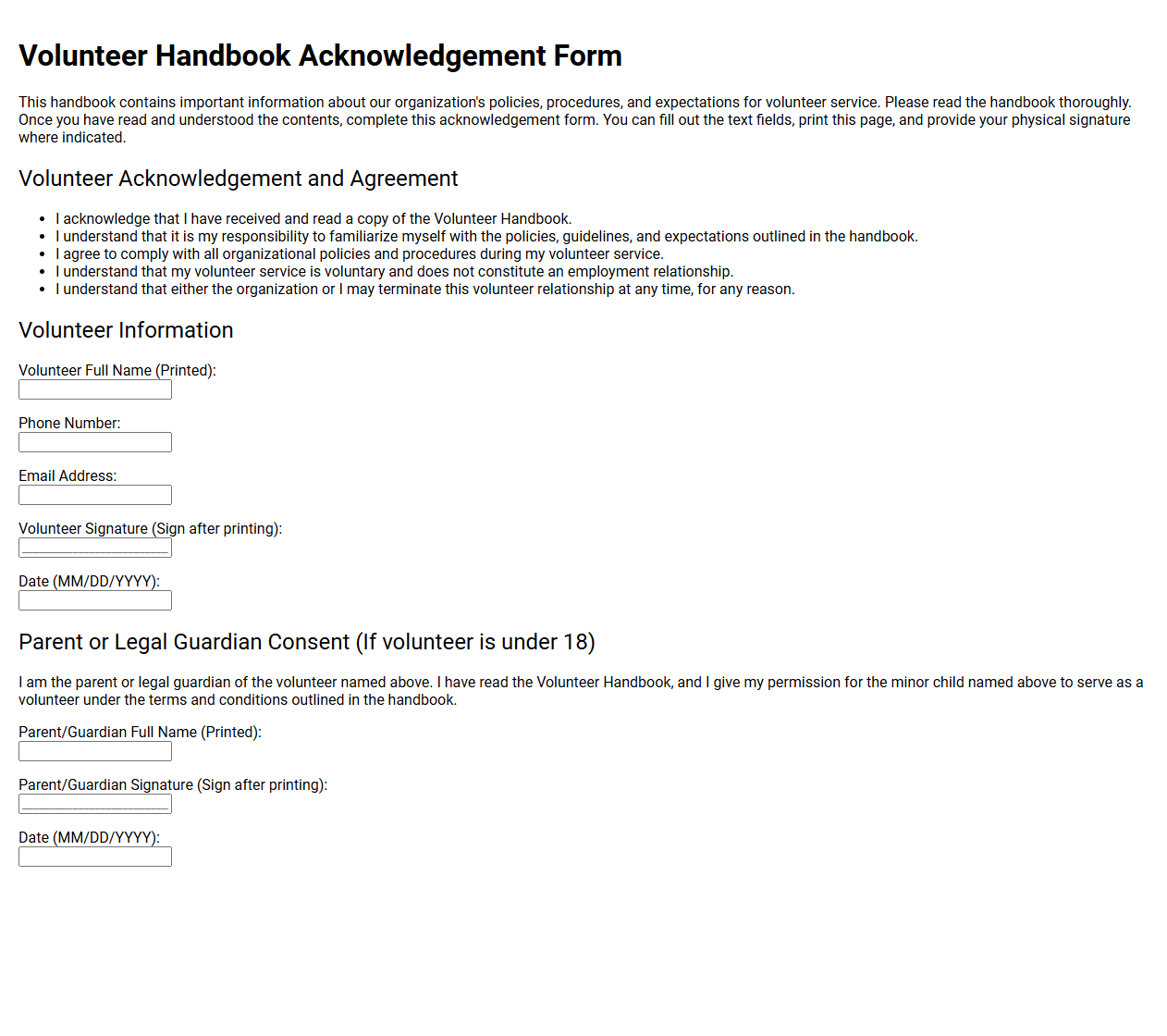 Volunteer Handbook Acknowledgement Form