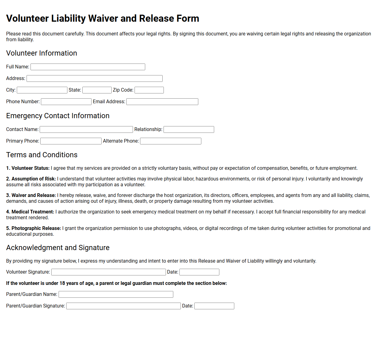 Volunteer Liability Waiver and Release Form